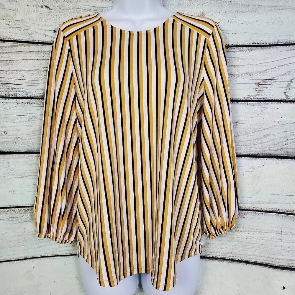 Adrianna Papell Mustard Yellow Striped Blouse S Long Sleeve Career Top